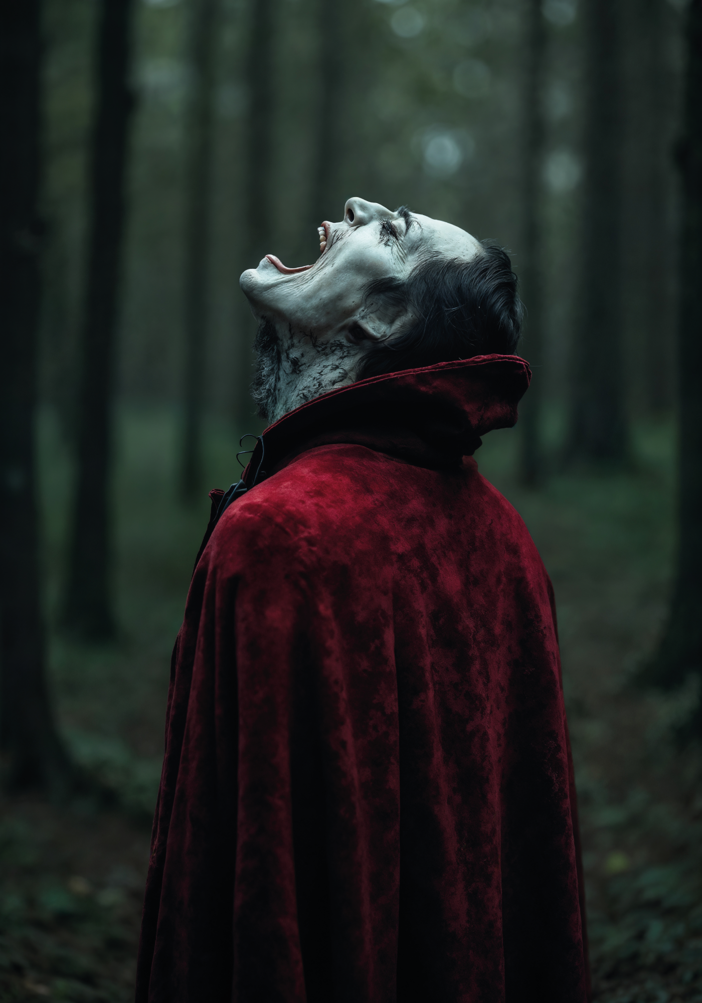 man-with-red-cape-is-standing-woods